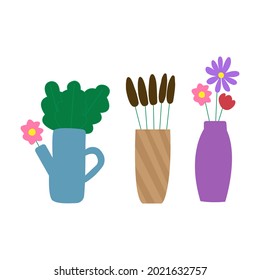 Set of vases with leaves and flowers and pitcher with reeds. Hand drawn doodles. Vector illustration of floral bundle