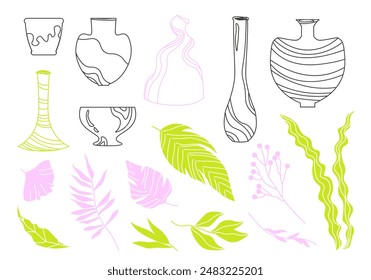 Set of vases, pots and leaf silhouettes in flat cartoon design. A collection of linear style illustrations featuring vases and leaves of various shapes. Vector illustration.