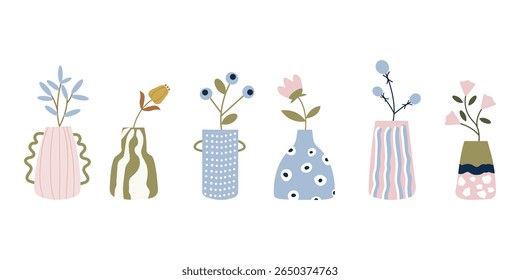 Set of vases with tender  flowers. A collection of different geometric vases for interior design. Different types of ceramic pottery. Spring, summer elements sticker bundle