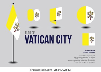 Set of Vatican City flag in 5 designs: flag on pole, brush stroke, skew, round and standard. vector, flat, isolated on grey background. Perfect for various design projects