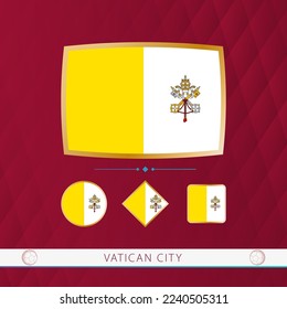 Set of Vatican City flags with gold frame for use at sporting events on a burgundy abstract background. Vector collection of flags.