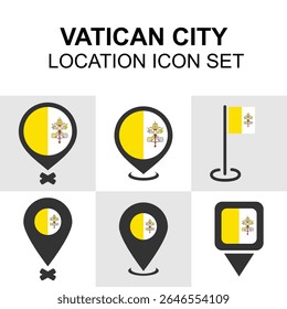 Conjunto de ícones de localização da Cidade do Vaticano com a bandeira oficial em estilos modernos de pin, ideal para temas religiosos, de viagem ou educacionais.