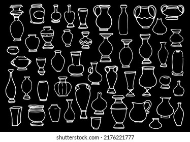 a set of vaz icons. a collection of vases and jugs of various shapes, hand-drawn in a doodle style, isolated white outline on black for a design template. interior elements for a home set of vaz badge