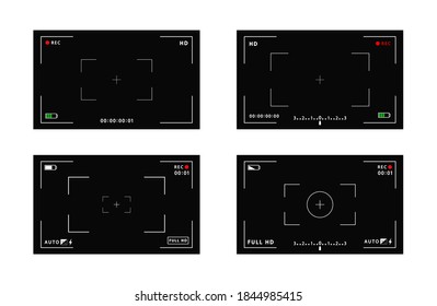 Set of VCR digital display interface camera viewfinder screens. Focusing screen in the center of the camera during recording. battery status, video quality, image stabilization icons