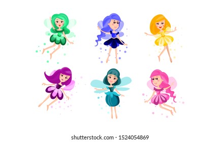 Set Of Vecor Illustrations With Flying Fairies Of Many Colors And Poses