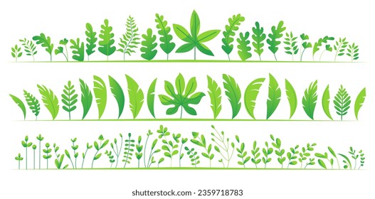 A set of vecor plants, branches and leaves in a flat cartoon style. Bright green salty exotic leaves isolated on white background. Easy to compose make changes for your product design.