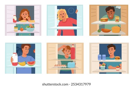 Set vecot illustrations, men and women open their fridges, searching for food. They each face a selection of items, from drinks and fruits to meals, expressing curiosity or hunger