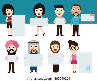 set vecter flat cartoon people holding billboard sign smiling fresh. 
man woman caucasian asian arab american african isolated on white background in full figure.