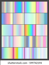 Set of Vector 20 holographic linear gradients. Squeres with in the pale purple, pink, yellow, green and blue rainbow gradient.  Realistic holographic backgrounds in different colors for design.