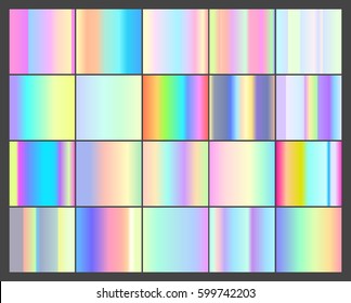 Set Vector 20 holographic linear gradients  Squeres and in the pale purple  pink  yellow  green   blue rainbow gradient   Realistic holographic backgrounds in different colors for design 