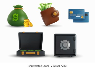 Establecer iconos vectoriales 3d de finanzas empresariales o bancarias en un estilo de dibujos animados realista. Caja fuerte, cartera, bolsa de dinero, estuche, tarjeta de crédito. Elementos de diseño comercial creativo. Colorida ilustración de arte brillante.