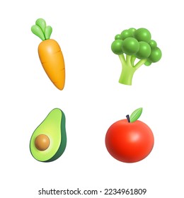 Set Vector 3d of Carrot, avocado, broccoli, apple Fresh vegetable