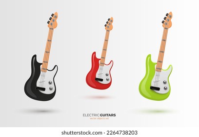 Set of vector 3d cartoon electric guitars black, red and green colors design elements on white background.