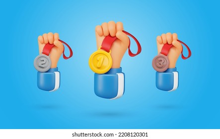 Set of vector 3d cartoon hands holding golden silver and bronze medals. Winning achievement design elements on blue background. Sport competition award ceremony design elements