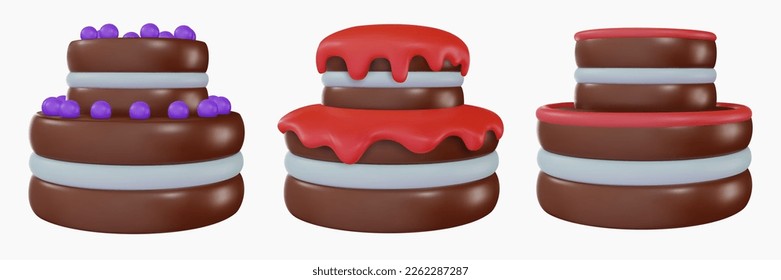 Set vector 3d cartoon tasty cake in realistic minimal style. Collection sweet glossy design elements for birthday, holiday, anniversary celebration. Vivid illustration, icon, symbol.
