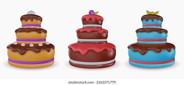 Set vector 3d cartoon tasty cake in realistic minimal style. Collection sweet glossy design elements for birthday, holiday, anniversary celebration. Vivid illustration, icon, symbol.