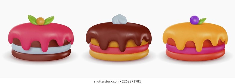 Set vector 3d cartoon tasty cake in realistic minimal style. Collection sweet glossy design elements for birthday, holiday, anniversary celebration. Vivid illustration, icon, symbol.