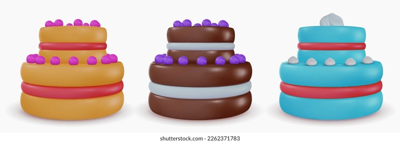 Set vector 3d cartoon tasty cake in realistic minimal style. Collection sweet glossy design elements for birthday, holiday, anniversary celebration. Vivid illustration, icon, symbol.
