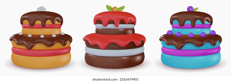 Set vector 3d cartoon tasty cake in realistic minimal style. Collection sweet glossy design elements for birthday, holiday, anniversary celebration. Vivid illustration, icon, symbol.