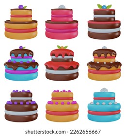 Set vector 3d cartoon tasty cake in realistic minimal style. Collection sweet glossy design elements for birthday, holiday, anniversary celebration. Vivid illustration, icon, symbol.