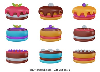 Set vector 3d cartoon tasty cake in realistic minimal style. Collection sweet glossy design elements for birthday, holiday, anniversary celebration. Vivid illustration, icon, symbol.