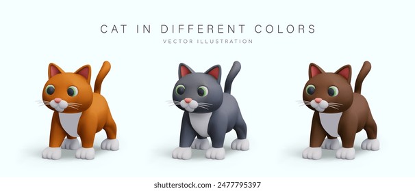 Set of vector 3D cats of different colors. Realistic pets in cute style