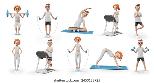 Set of vector 3D characters doing sports. Men and women train with different inventory and equipment