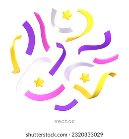 Set of vector 3D Confetti, Serpentine, Stars. Colorful Firecracker Elements in Various Shapes. Party, Holyday, Surprise or Birthday Events. Cartoon Style. Vector Illustration Isolated on White