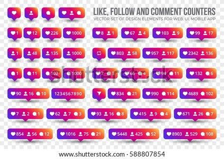 Set Vector 3D Counter Icons Like, Follow, Comment on Transparent Background. Design elements for social network, web, ui, mobile, app
