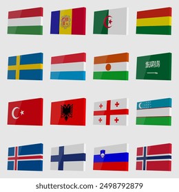 Set of vector 3D country flags with highlights in isometric style