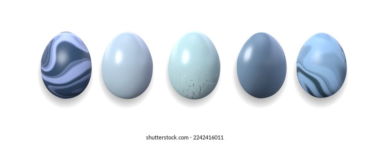 Set of vector 3d easter eggs space, blue, marble colors on transparent background.