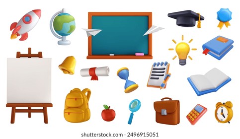 Set vector 3d elements for education, learning. Magnifying glass, diploma, cap, calculator, lightbulb, badge, notepad, book, case, clock, backpack, chalkboard, apple, bell, easel, globe, rocket.