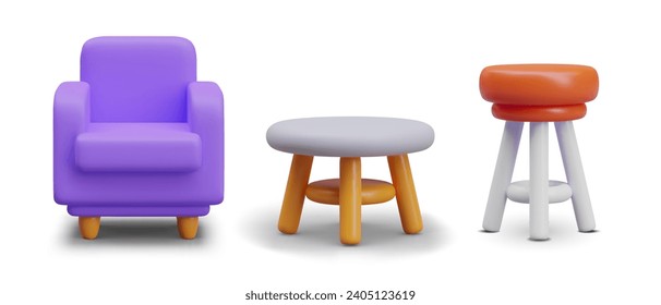 Conjunto de muebles vectoriales 3D para asientos. Silla suave, taburete bajo, silla sin respaldo alta. Artículos prácticos para el interior de la casa. Iconos de color para el sitio. Tienda de muebles