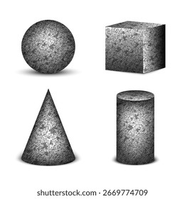 Set of vector 3D geometric isometric shapes with granite textured surfaces including realistic stone sphere, cube, cone, and cylinder isolated on white background for industrial, design, education.