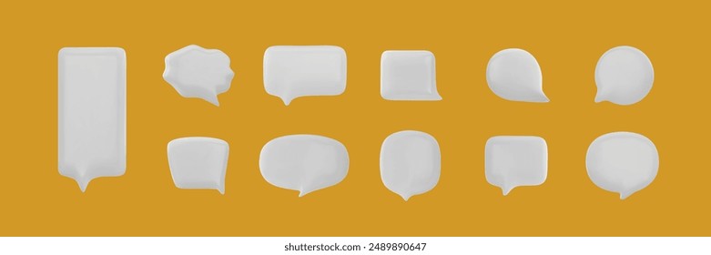 Set of vector 3D graphics of a dialog box. Collection of white empty chat bubbles of various shapes for social media communication on an isolated orange background.