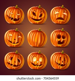 Set of vector 3d Halloween pumpkins head jack lantern. Collection emotions face icon for holiday design
