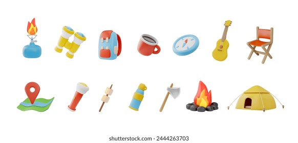 A set of vector 3d icons depicting a gas burner, guitar, binoculars, mug, compass, chair, backpack, map, flashlight, marshmallow, bottle, axe and bonfire. Hiking equipment