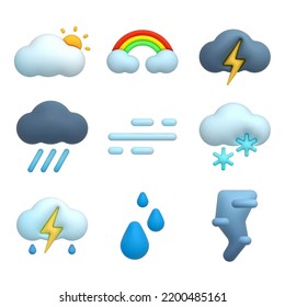 Set Of Vector 3d Icons Of Weather Conditions. Sun, Rainbow In The Clouds, Lightning, Thunderstorm, Rain, Fog, Snow, Tornado, Storm, Isolated Objects On White Background. Eps10 Vector