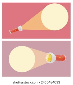 A set of vector 3D illustrations of flashlights with front and side views, demonstrating bright rays of light and the convenience of a portable design