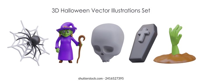 Conjunto de ilustraciones vectoriales 3D para Halloween. Caracteres vectoriales aislados y elementos decorativos. Araña en la web, bruja, cráneo, ataúd, mano zombie verde