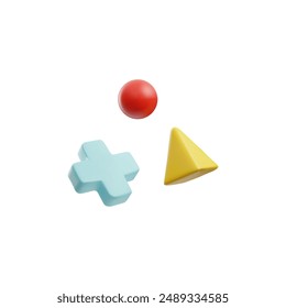 Set of vector 3D illustrations with joystick icons for gaming interfaces. Includes triangle, circle, cross. Abstract elements in a playful cartoon style isolated on white.