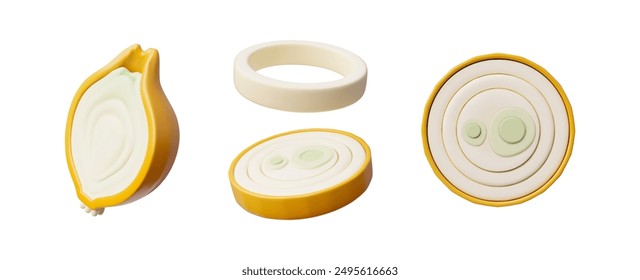 A set of vector 3D illustrations of onions in various versions: whole, halves, sliced and rings. Cartoon images of onions with peels and slices, ideal for food themes