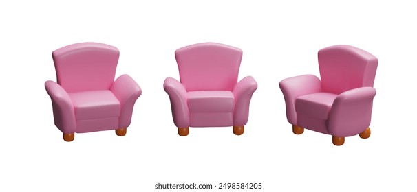 Conjunto de ilustraciones 3D de Vector de una silla rosa con patas de madera para el diseño interior de la habitación. Muebles del estilo de la historieta vistos desde diversos ángulos, aislados en un fondo blanco.