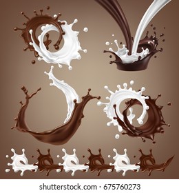 Set vector 3D illustrations, splashes and drops of melted dark chocolate and milk, dynamic splashes of hot coffee and milk flow mixed. Print, template, design element for packaging, advertising