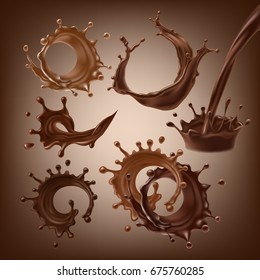 Set vector 3D illustrations, splashes and drops of melted dark and milk chocolate, dynamic splashes of hot coffee, cocoa, liquid chocolate. Print, template, design element for packaging, advertising