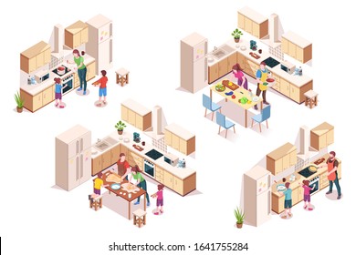 Set Of Vector 3d Kitchen Interiors With Family Cooking. Isometric Design For Cook Room. House Or Home, Building Design Element With Fridge, Oven, Microwave. Kitchenware Furniture, Indoor Architecture