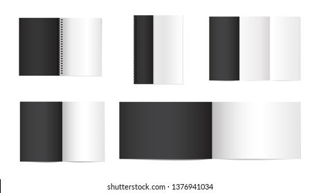 Set of Vector 3d opened notebooks. Copybooks with metallic silver spiral. Notebooks mock up for your design