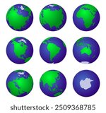 Set of vector 3D Planet Earth. Globe with continents in ocean