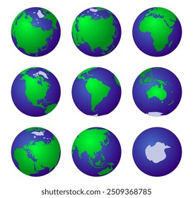 Set of vector 3D Planet Earth. Globe with continents in ocean