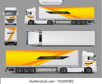 Set of vector 3d realistic icons of cargo truck, trailer front, back, top and side view isolated on gray background. Mock up, template brand design for truck, company style, identity
